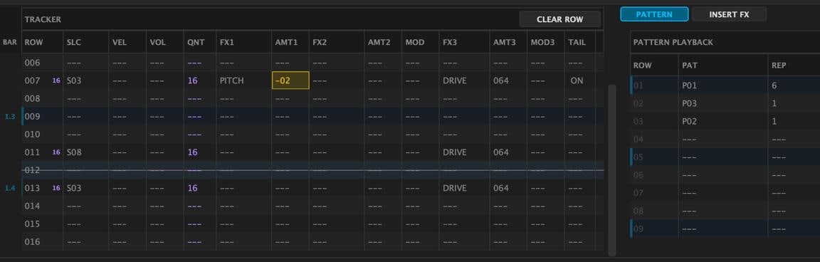 Close view of the TRACK-R tracker grid and pattern playback list.