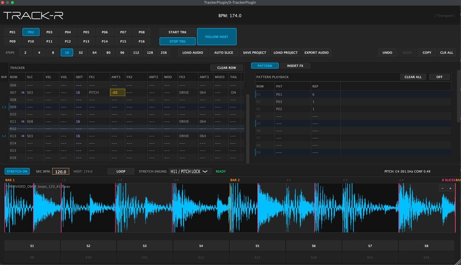 TRACK-R development interface, with pattern buttons, a tracker grid, pattern playback, and a waveform divided into slices.