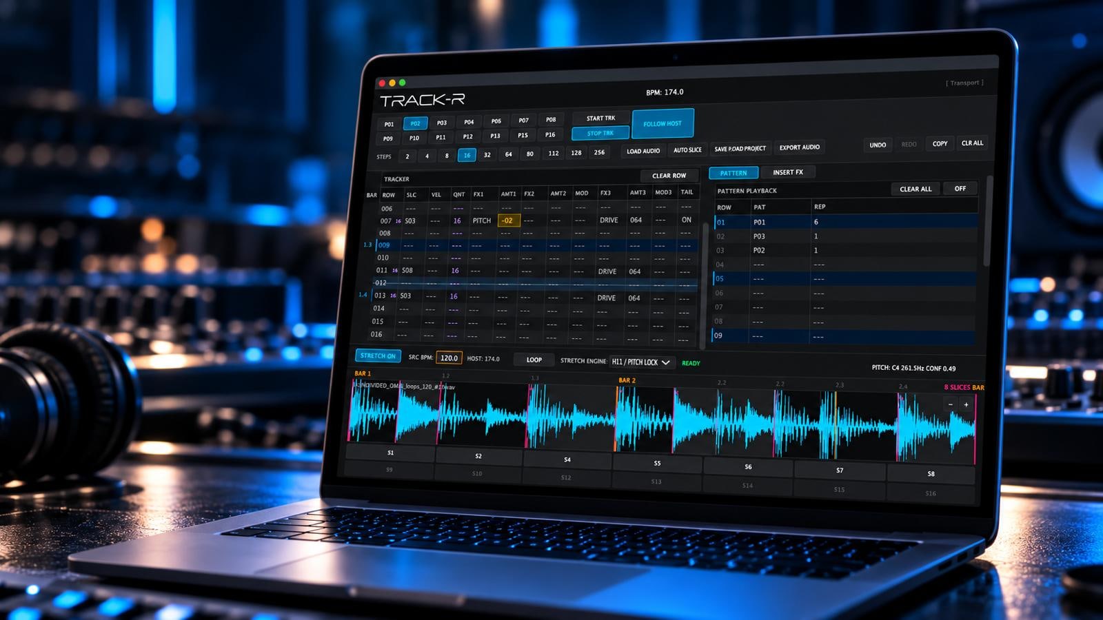 Cinematic preview of TRACK-R on a laptop in a blue-lit studio.